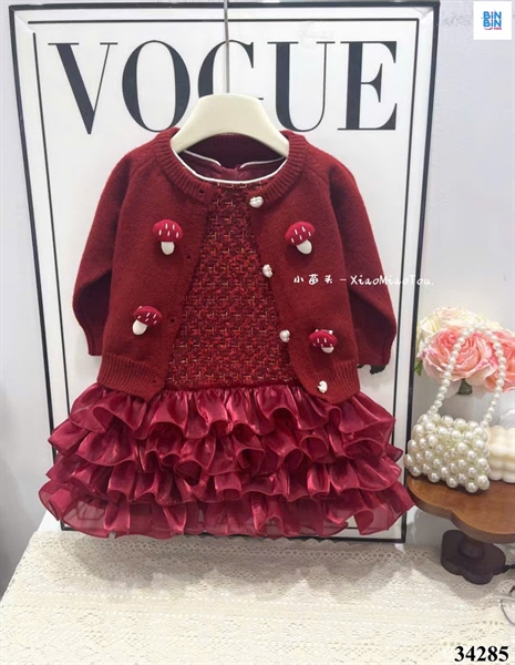 34285- Đầm dạ 2CT đỏ đính nấm