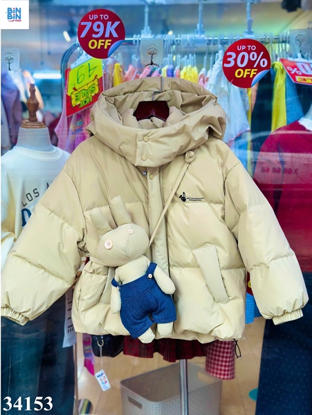 34153- Khoác phao Xanh mũ tai gấu thỏ Only