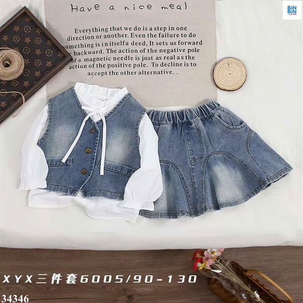 34346-Set váy jeans gile trắng