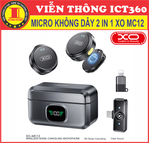 Micro Thu âm, Livetream không dây chống ồn XO MC12, Kèm hộp sạc chân kết nối C + L
