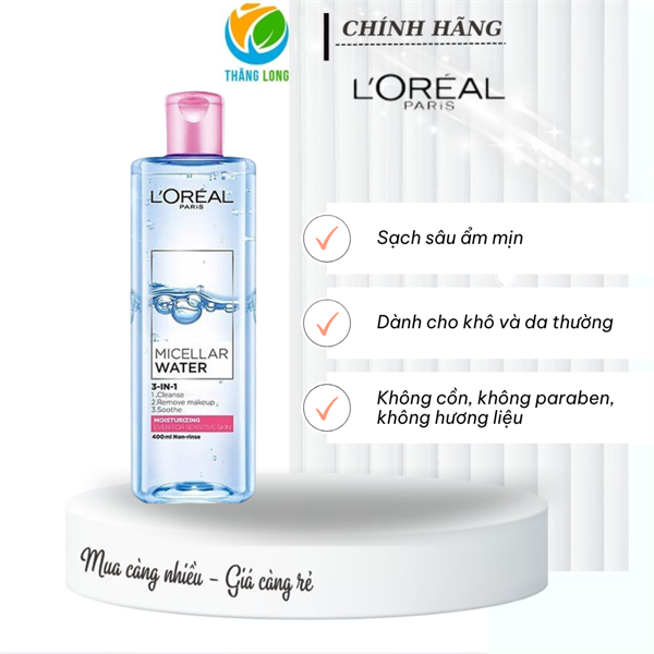 Nước tẩy trang L'Oréal dưỡng Ẩm Cho Da Thường, Khô 400ml(Hồng)