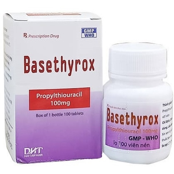 Thuốc Basethyrox Propylthiouracil 100mg Hataphar Điều trị cường giáp, giảm sự tăng năng tuyến giáp (Hộp 1 lọ x 100 viên)