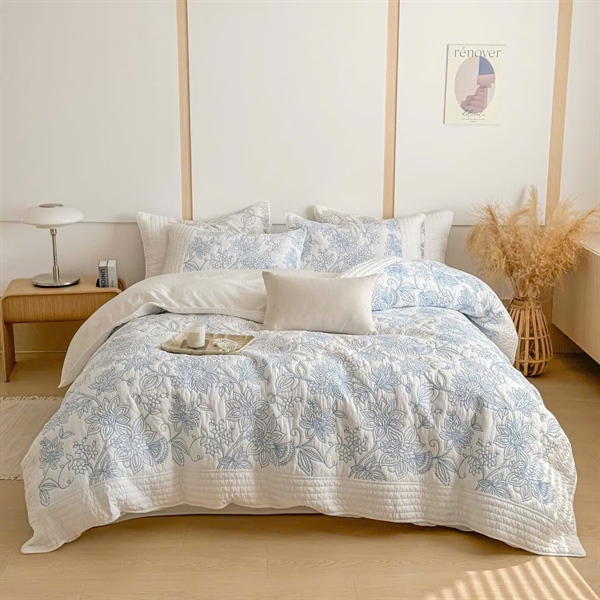 Bộ chần full 4 món | Cotton xử lý giặt mềm - Họa tiết chần thêu độc quyền - LX04.03 - Hoa Xanh