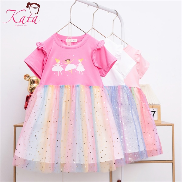 Đầm Bé Gái Công Chúa Ballet Phối Voan Cầu Vồng | Size 4–14 Cho Bé 12–35kg