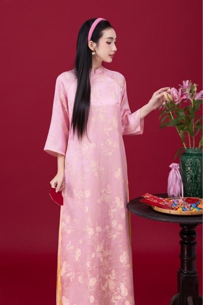 Áo dài suông cổ thấp lụa tằm 2 tà