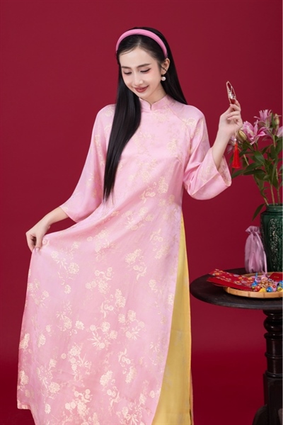 Áo dài suông lụa tằm 4 tà viền cổ tay