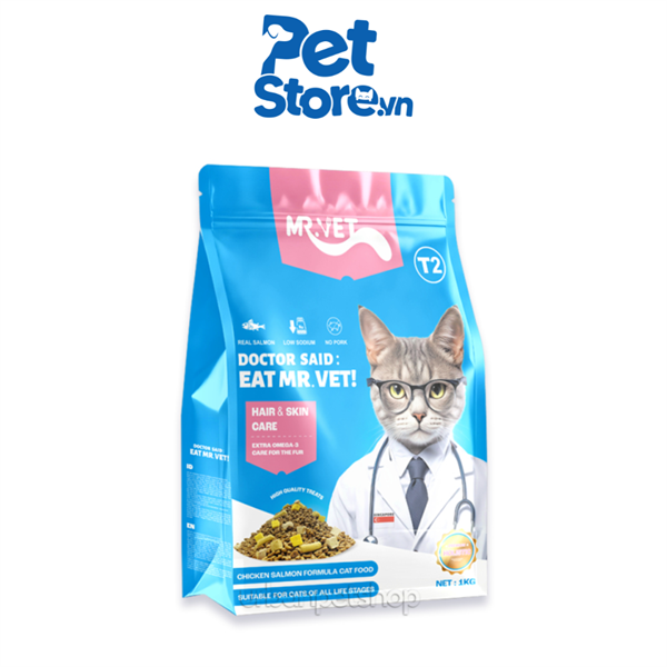 Hạt Cho Mèo Mix Topping Sấy Mr Vet T2 - Hỗ Trợ Mượt Lông 1kg
