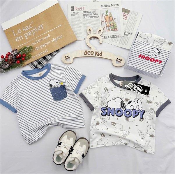 Combo 2 set snoopy trắng kẻ cho bé trai 1-6 tuổi cotton mềm mịn thoải mái đi học, đi chơi S097