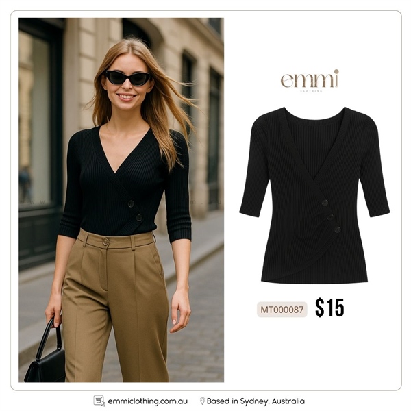 Black Wrap Ribbed Knit Top