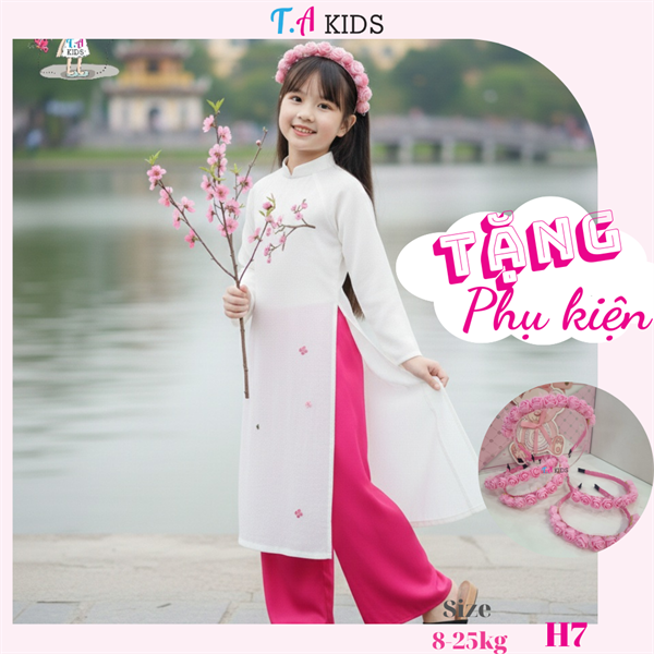 H7 (8-25kg) Áo dài trắng thêu tay hoa đào
