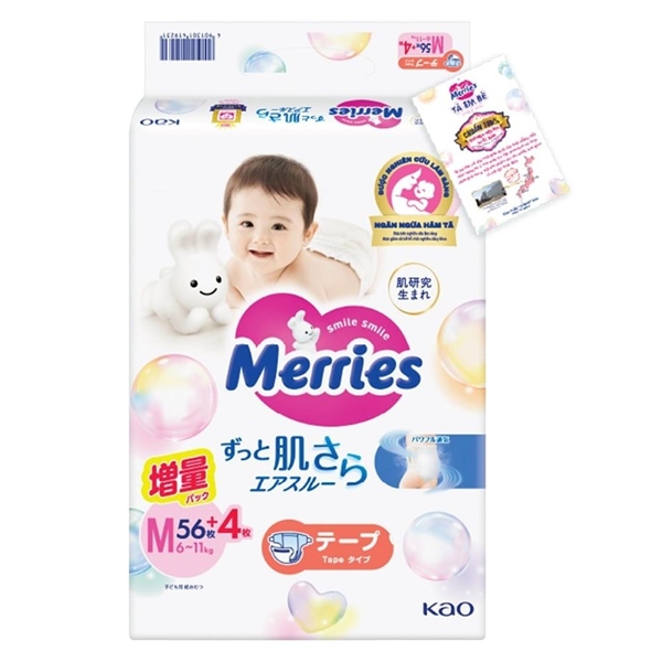 Bỉm Merries nội địa, size M dán - Nhật Bản - (56+4 miếng) T2 (Bịch) (Bịch)