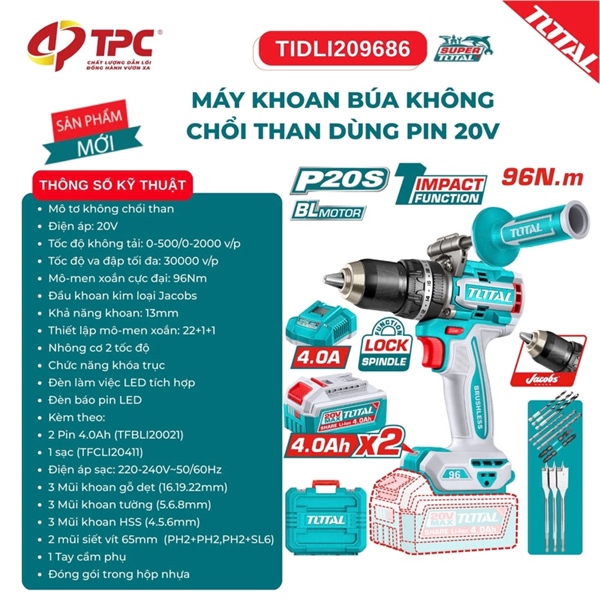 MÁY KHOAN BÚA KHÔNG CHỔI THAN DÙNG PIN 20V TOTAL TIDLI209686