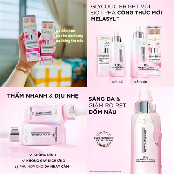 Serum L'Oreal Glycolic Bright Melasyl 8% [Melasyl + Glycolic + Niacinamide] sáng da, mờ thâm mụn & nám 30ml
