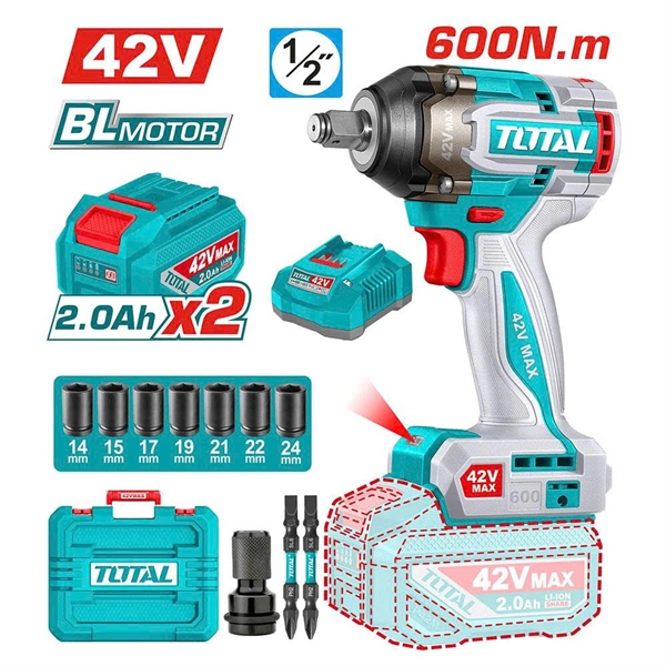 Máy siết buloong Pin 42V-1/2"-600Nm Total TIWLI42602 (2 Pin) ko chổi than