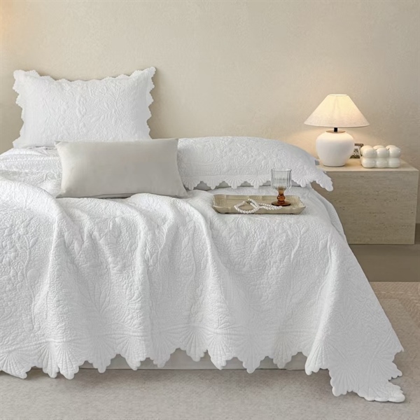 Bộ ga chần 3 món "Vân chi" | 100% Cotton, giặt mềm - Chần hoa, viền sò điệp - LX25.1