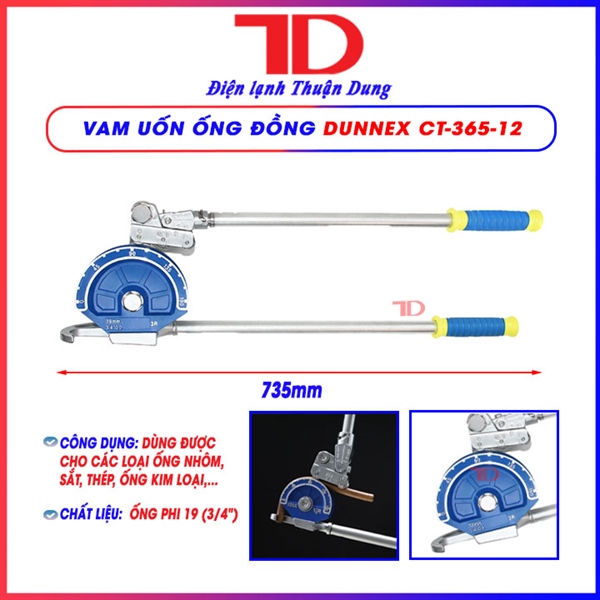 Vam uốn ống đồng DUNNEX, model CT-365-12, dùng cho ống phi 19 (3/4"), dùng cho ống nhôm, sắt, thép không gỉ, ống kim loại khác, tay cầm điều chỉnh 90 độ (thùng 6 cái)