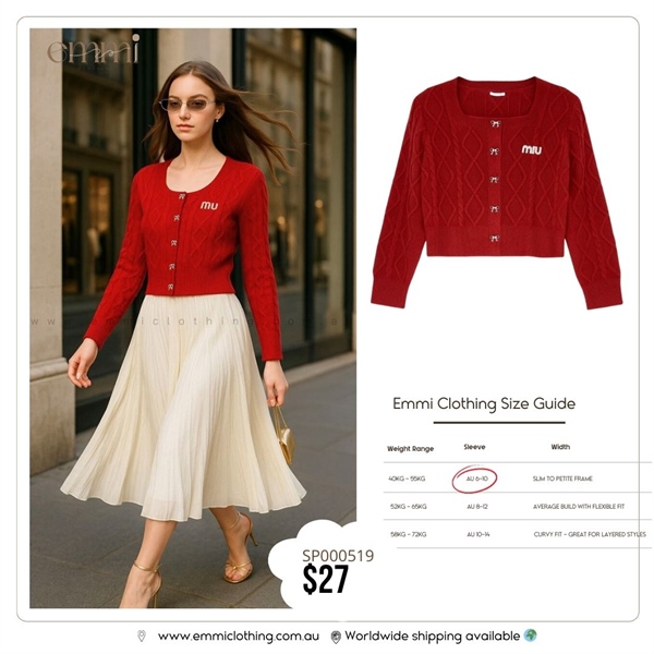 Red Cable Knit Cardigan with “MIU” Logo