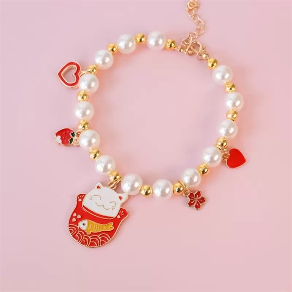 PU - Vòng cổ ngọc trai mèo thần tài đỏ dâu và trái tim M(25-31cm)