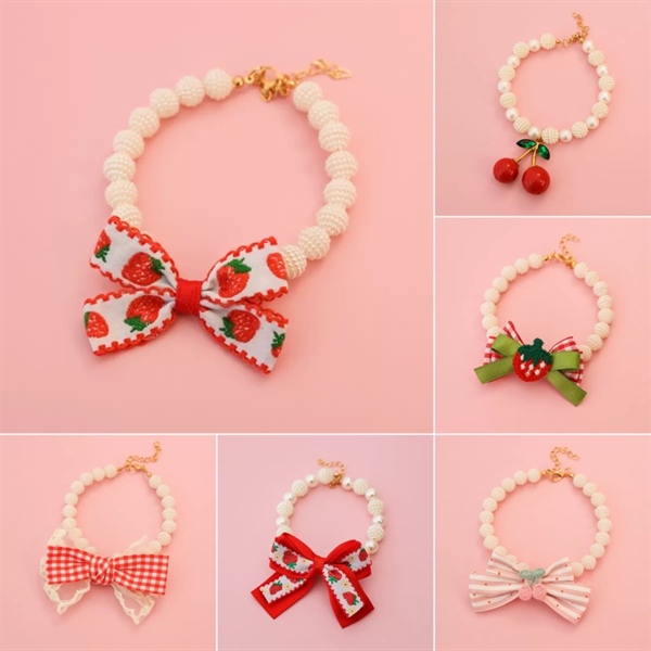 PU - Vòng cổ ngọc trai gắn nơ và cherry M(25-31cm)