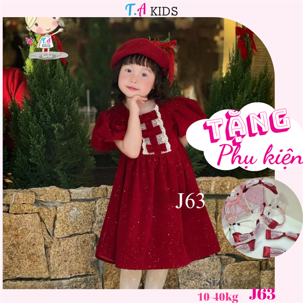 J63 (10-40kg) Váy nhung đỏ nơ ngực