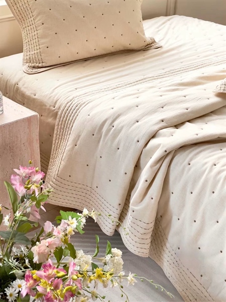 Bộ ga chần full "An Thạch" | Cotton Linen Pháp - Vỏ chăn chần 200x230 cm - Chấm bi, Viền chần sọc thẳng - JF09