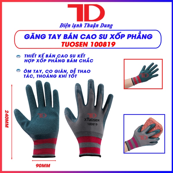 Găng tay Tuosen 100819, Loại bán cao su, XỐP PHẲNG, găng tay bảo hộ lao động, găng tay chống trượt (túi/12 cặp, thùng 840 cặp)