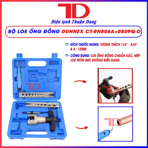 Bộ loe ống đồng Dunnex CT-RN806A+R809Q-D, 1/4" - 3/4" & 4-12mm, kèm dao cạo CT-207 (thùng 10 bộ)