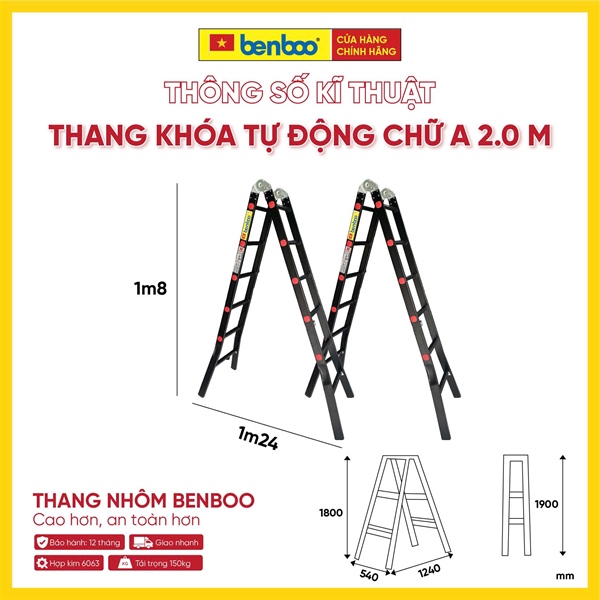 Thang nhôm chữ A khóa tự động – màu Đen 2.0M