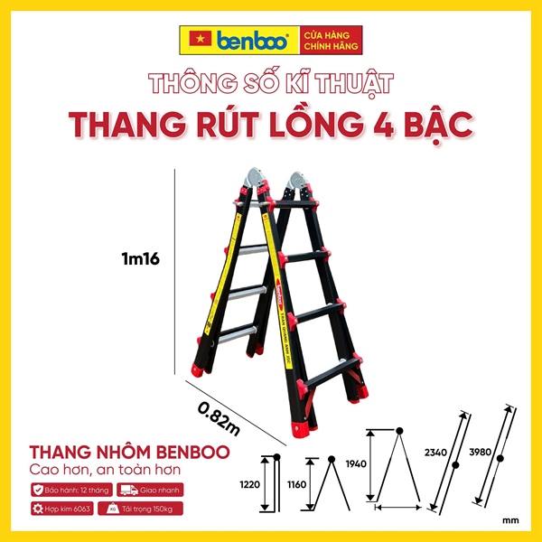 Thang nhôm rút lồng Slide Black – màu ĐEN 4 bậc
