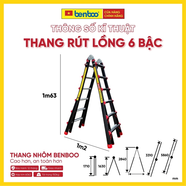 Thang nhôm rút lồng Slide Black – màu ĐEN 6 bậc