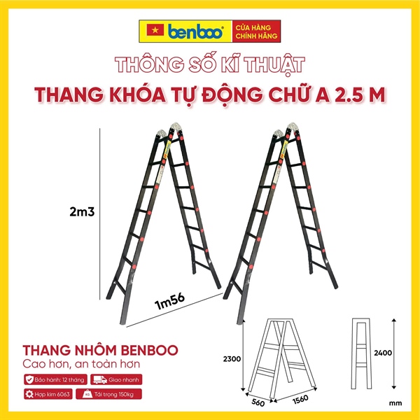 Thang nhôm chữ A khóa tự động – màu Đen 2.5M