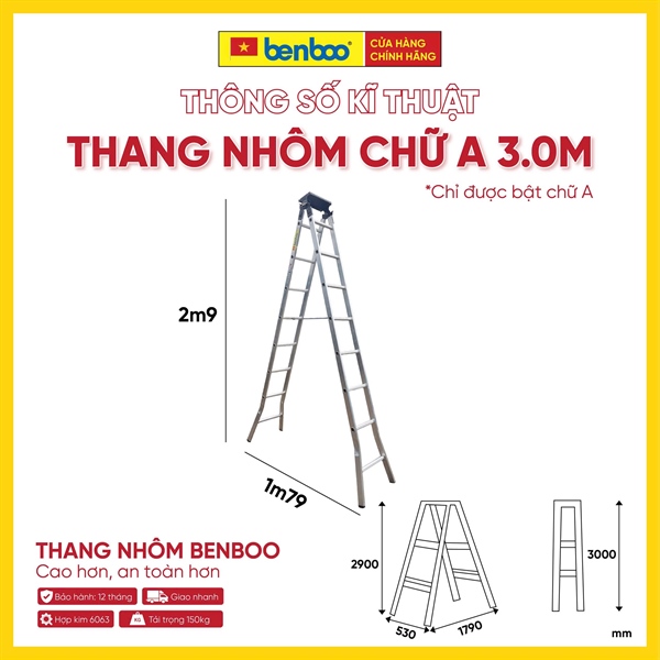 Thang nhôm chữ A hộp mâm – màu Trắng 3.0M