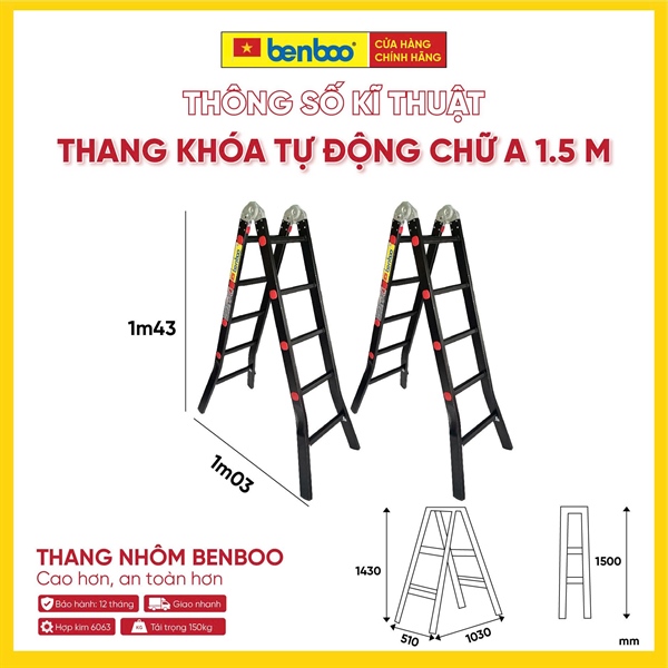 Thang nhôm chữ A khóa tự động – màu Đen 1.5M