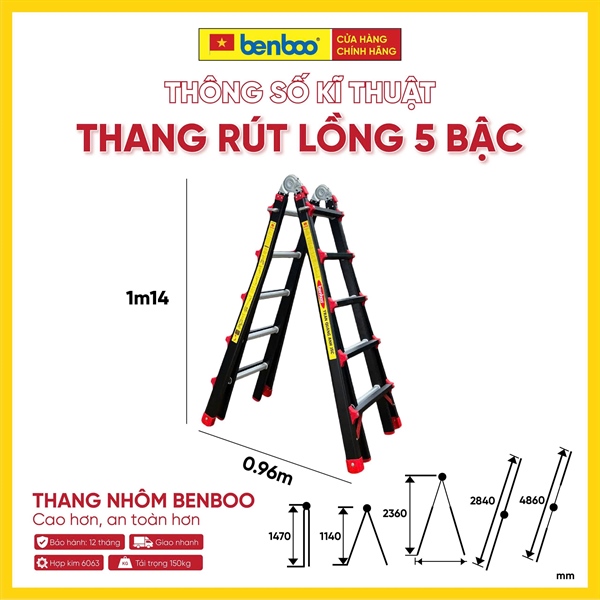 Thang nhôm rút lồng Slide Black – màu ĐEN 5 bậc