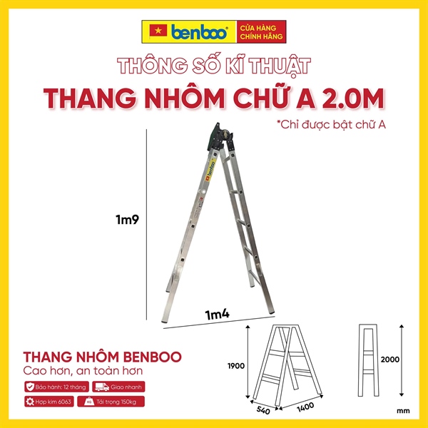 Thang nhôm chữ A hộp mâm – màu Trắng 2.0M