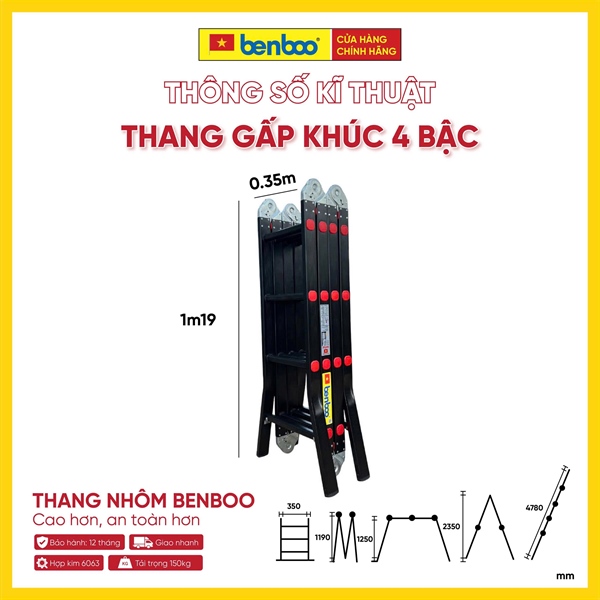 Thang nhôm gấp khúc đa năng Flex – màu Đen 4 bậc