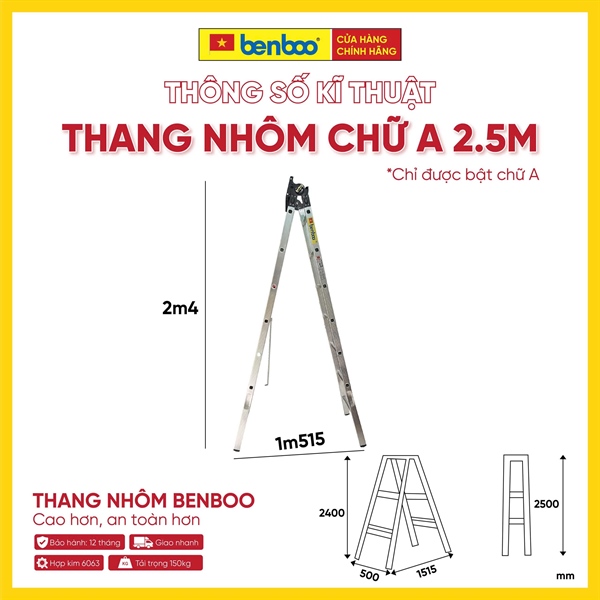 Thang nhôm chữ A hộp mâm – màu Trắng 2.5M