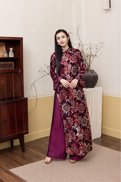 Áo dài truyền thống nhung kim sa