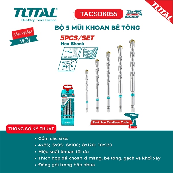 Bộ 5 mũi khoan bê tông TOTAL TACSD6055