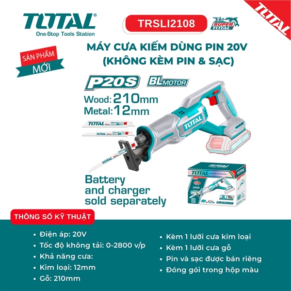 (THÂN MÁY không kèm pin sạc) Máy cưa kiếm dùng pin 20V TOTAL TRSLI2108