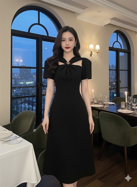 VÁY SUÔNG ĐEN ĐÍNH CHAMR CỔ