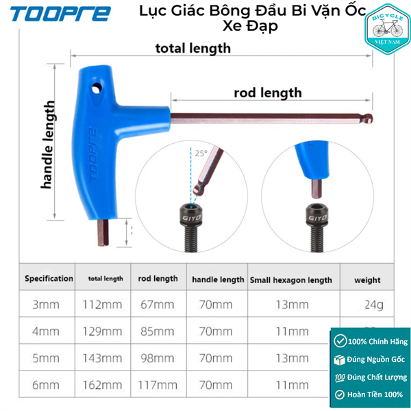 Lục Giác Bông Đầu Bi T25 3mm 4mm 5mm 6mm Vặn Ốc Xe Đạp TOOPRE