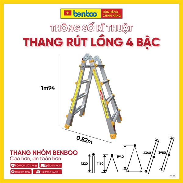 Thang nhôm rút lồng Slide White – màu TRẮNG 4 bậc