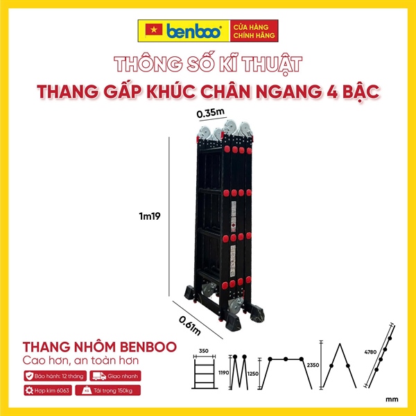 Thang nhôm gấp khúc đa năng chân ngang Flex Balance – màu Đen 4 bậc