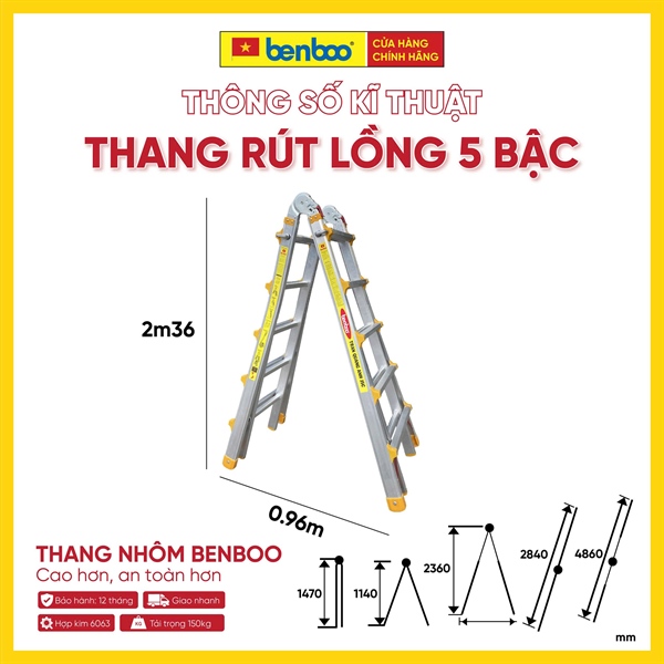 Thang nhôm rút lồng Slide White – màu TRẮNG 5 bậc