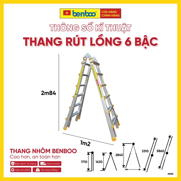 Thang nhôm rút lồng Slide White – màu TRẮNG 6 bậc