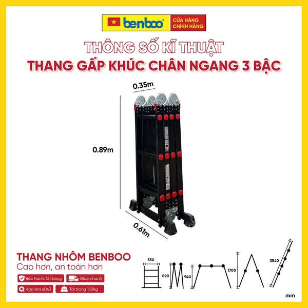 Thang nhôm gấp khúc đa năng chân ngang Flex Balance – màu Đen 3 bậc