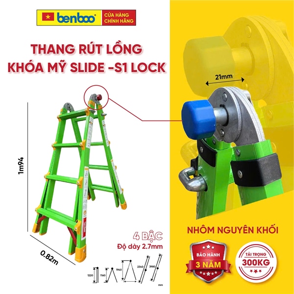 Thang nhôm rút lồng khóa chốt Slide S1-Lock – màu Xanh 4 Bậc