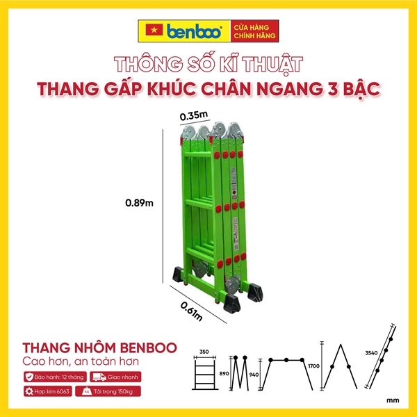 Thang nhôm gấp khúc đa năng chân ngang Flex Balance – Xanh lá 3 bậc