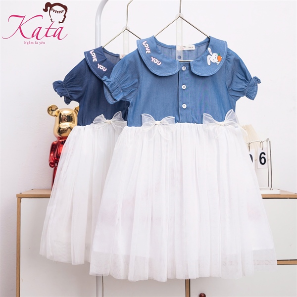 Đầm Bé Gái Jean Phối Voan Công Chúa | Size 4–14 Cho Bé 12–35kg